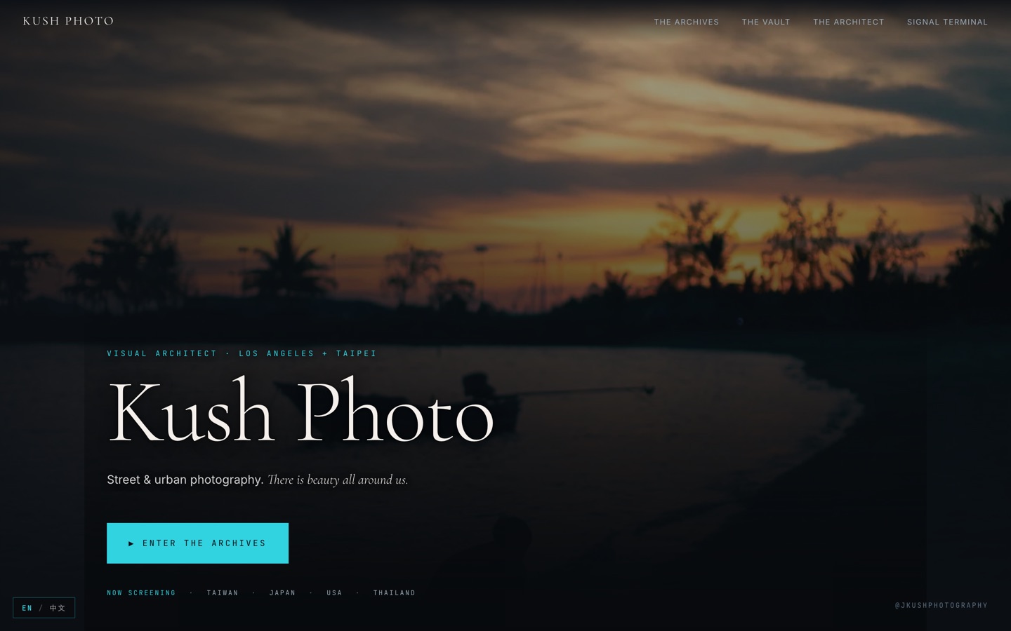 The jameskushphotography.com homepage as measured, a full-bleed street photograph beneath a minimal masthead.